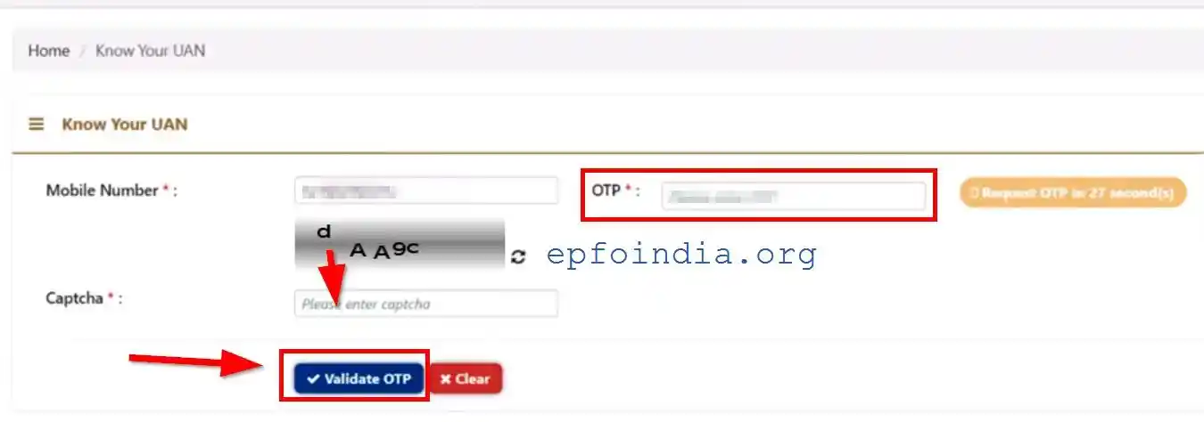 Find EPFO UAN Number Validate OTP